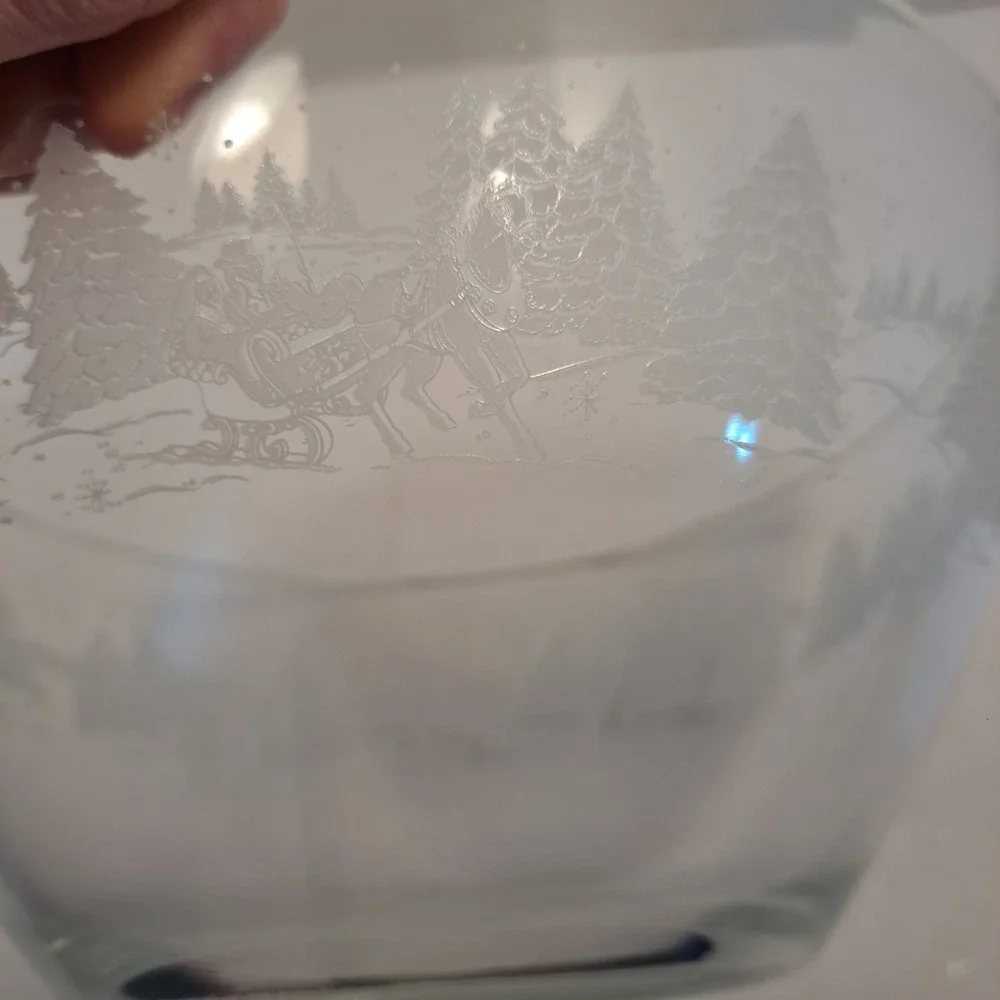 Vintage AVON Presidents Club Glass Holiday Bowl With Box- Sleigh and Tree Design
